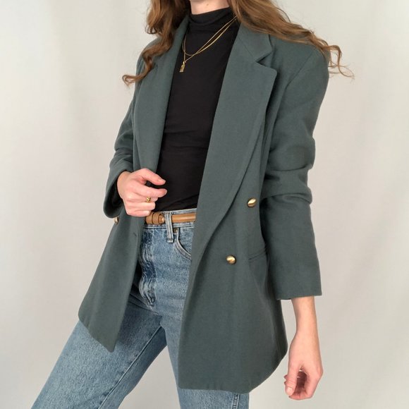 Vintage Cashmere Wool Blend Double Breasted Oversized Preppy Blazer Jacket Coat - Picture 7 of 10